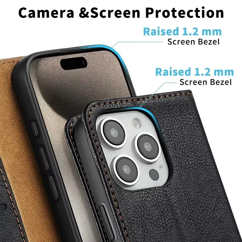 LLCOHA Magnetische Leder-Brieftasche als Flip Cover und Standfunktion für iPhone 16 Pro Max, 15 Plus, 14, 13, 12, 11 in Schwarz - Bild 3