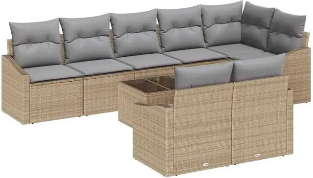 vidaXL Garten-Sofa-Set 9-teilig aus Poly-Rattan in Beige mit Polstern und Tisch im modernen L-Shape Design - Bild 1