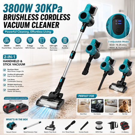 Avehrit 2-in-1 Akku-Staubsauger mit 30kPa Saugkraft und 3800W, Bürstenloser Handstaubsauger mit LED-Licht, 1,5L Staubbehälter und 5-stufiger HEPA-Filtration, kompatibel mit Makita 18V Akku