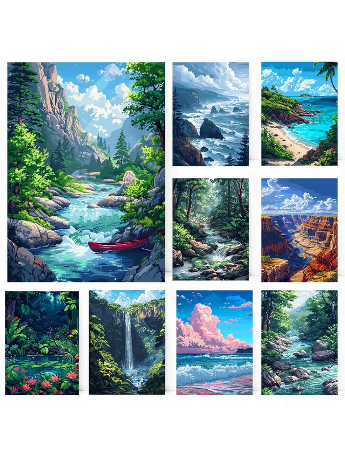 Potdemiel Retro Pixel-Art Poster Naturlandschaft Reise-Illustration Wandkunst aus Papier, Mehrfarbig, Breite: 25,0 cm, Höhe: 25,0 cm - Bild 2