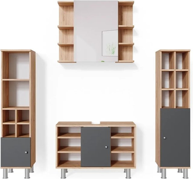 Vicco Badmöbel Set Fynn 4-teilig in Eiche und Anthrazit mit Spiegelschrank, Waschbeckenunterschrank und Hochschrank - Bild 2