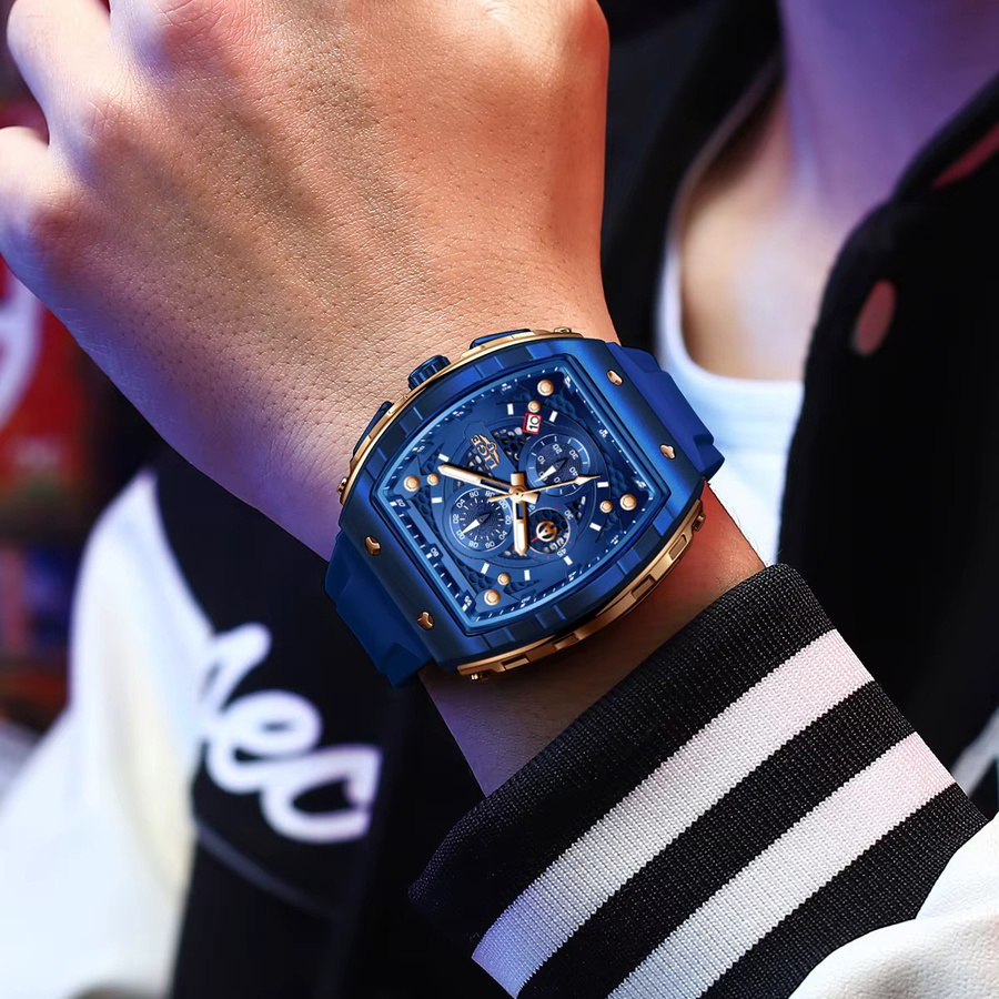 LIGE Chronograph Armbanduhr, Blau, Silikon, Eckig, Quarz, Herren - Bild 4