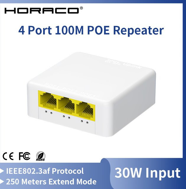 HORACO 3 Port PoE Extender 100M Netzwerk Switch Repeater IEEE802.3af/at in Weiß - Bild 1