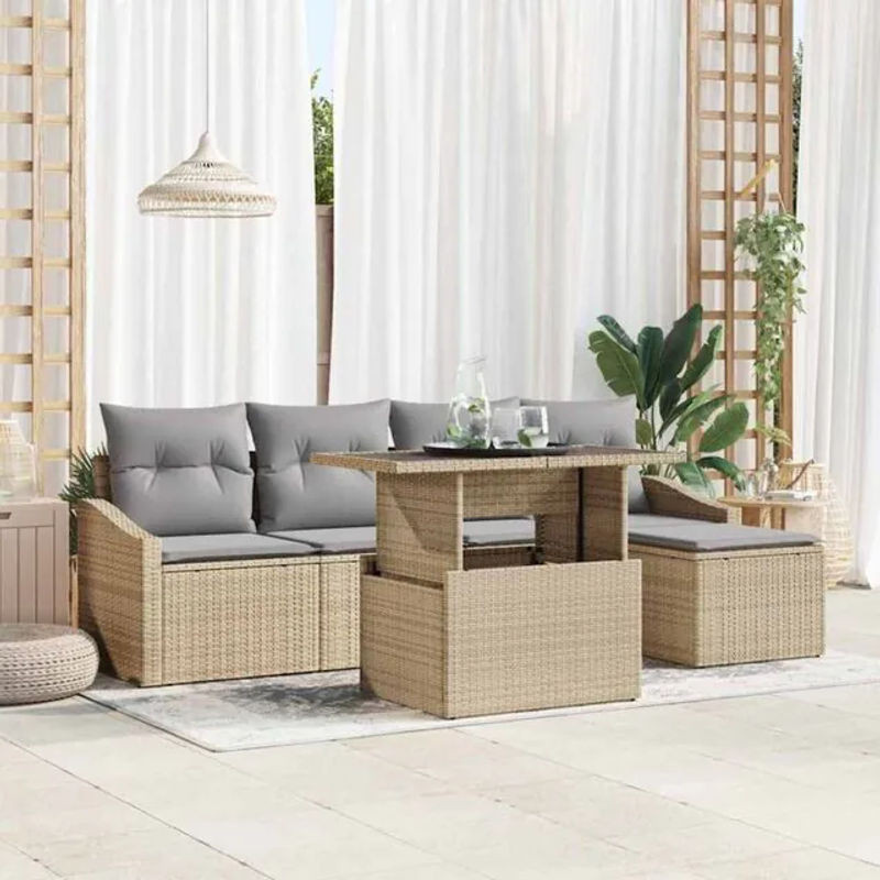 vidaxl Garten-Sofa-Set aus Rattan mit Kissen und Stauraum, 6-teilig, Beige und Hellgrau - Bild 1
