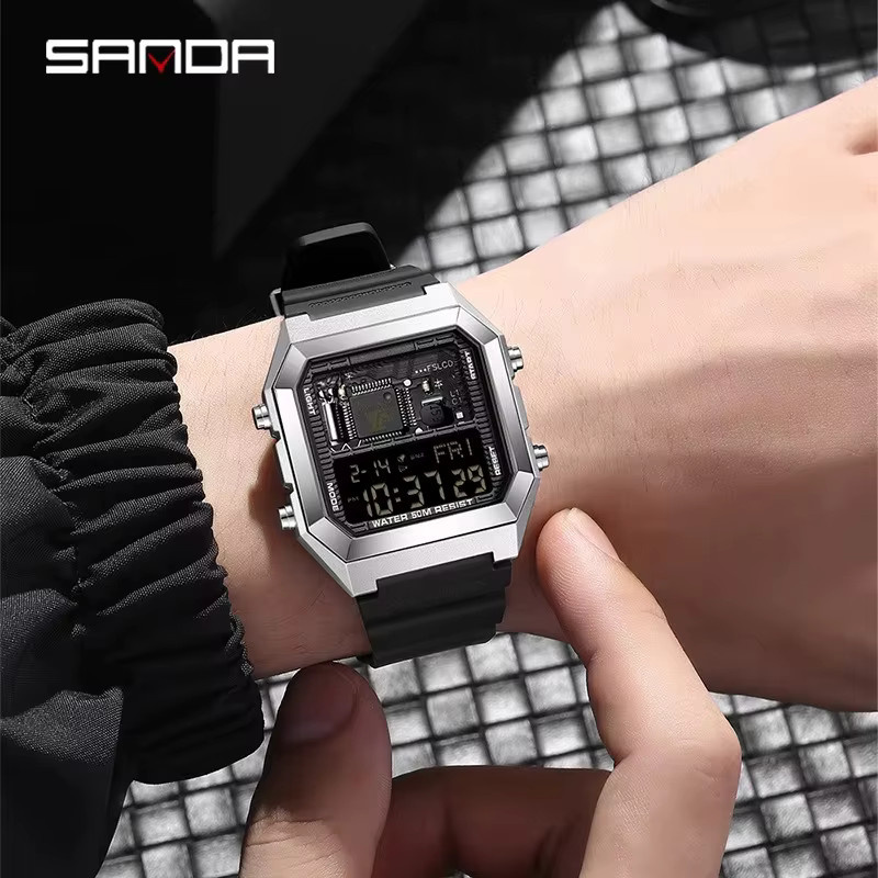 SANDA Digitaluhr, Herren, eckig, Kunststoff, Silikon, Schwarz, Silber - Bild 2