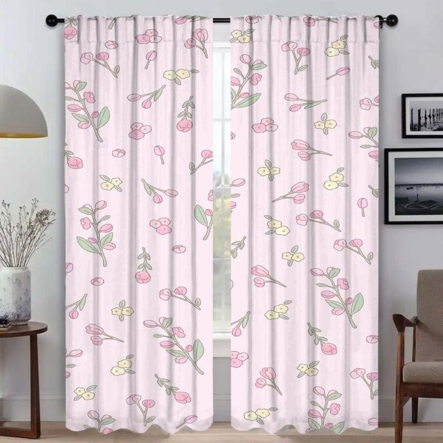 2er-Set Tüll-Vorhänge mit floralem Blumenmuster in Pink, halbtransparent, Breite: 50 cm, Höhe: 70 cm - Bild 1