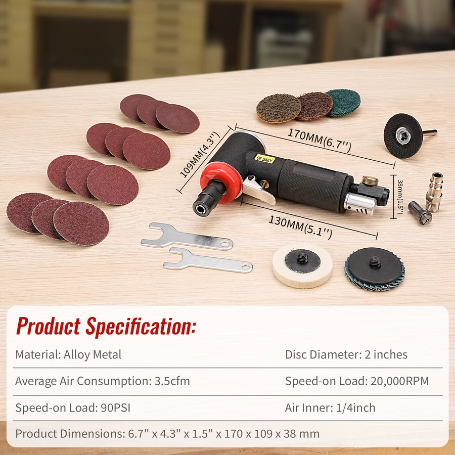 SI FANG Pneumatisches 24-teiliges Mini-Winkelschleifer-Set mit 90 Grad Winkelstab für Metall, Glas und Holz in Schwarz - Bild 2