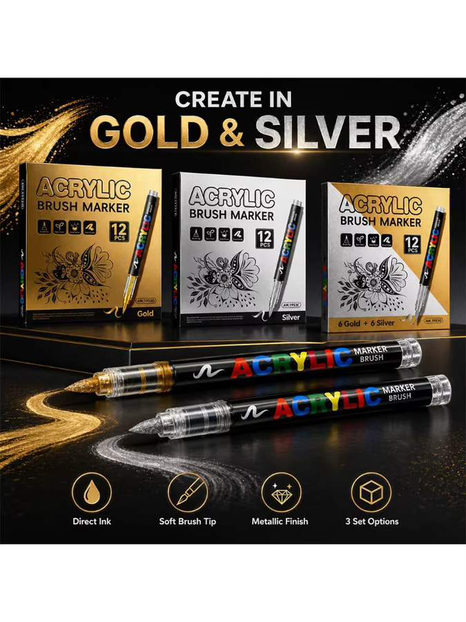 Hopk Acryl-Farbmarker Set mit 12 Farben inklusive Schwarz, Weiß, Gold und Silber als Pinselmarker für Kunstbedarf - Bild 5