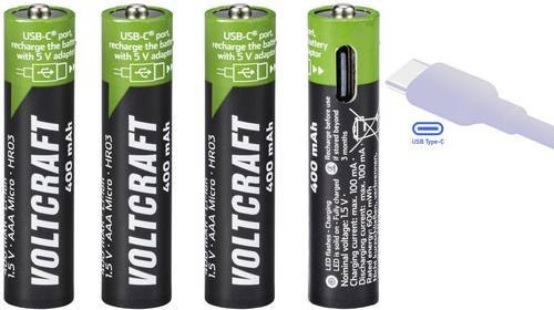 Voltcraft VC-AAA400USB AAA Li-Ion Akku mit USB-C Anschluss, 1.5V, 400 mAh, 4er-Pack, Schwarz - Bild 1