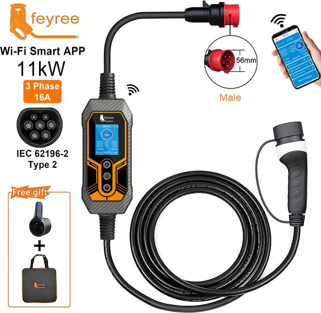Feyree Typ 2 Tragbares EV-Ladegerät 11KW 16A 3-phasig mit Wi-Fi und Bluetooth, EVSE Ladekabel 5m mit CEE-Stecker in Schwarz - Bild 1