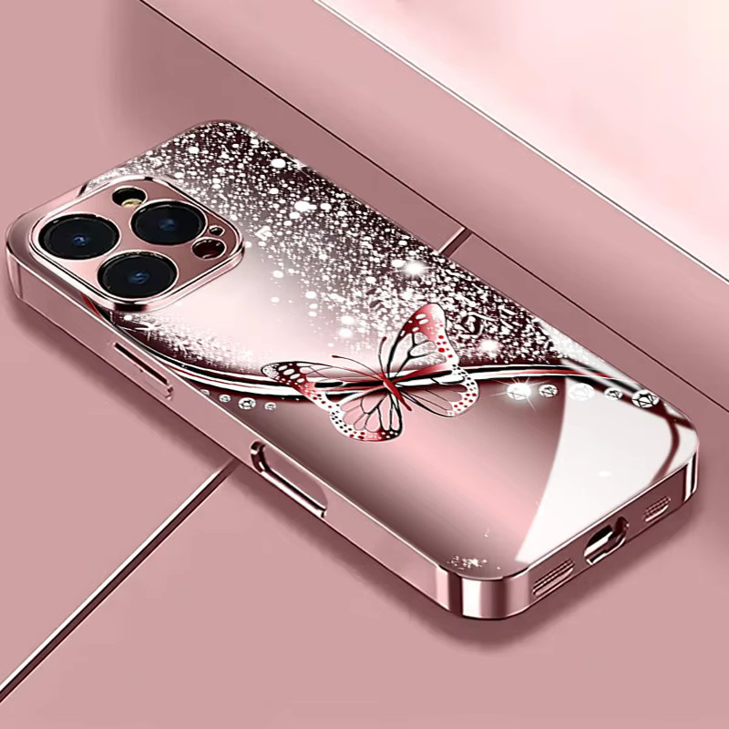 Rosa Glitzernde Schmetterlings Schutzhülle aus gehärtetem Glas für Apple iPhone 11 12 13 14 15 16 17 Pro Max Plus und 16E 17Air - Bild 2