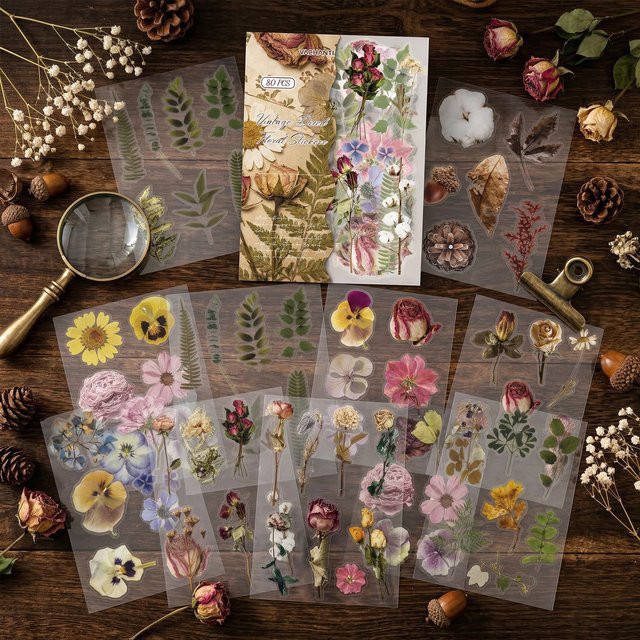 Journamm 80 Stück PET-Muster-Aufkleber mit transparenten Blumen- und Pflanzenmotiven in Multicolour für Junk Journal und Scrapbook-Zubehör - Bild 1