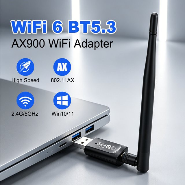 Fenvi WiFi 6 AX900 USB WLAN-Adapter mit Bluetooth 5.3, Dual-Band 2,4G/5GHz, Schwarz - Bild 1