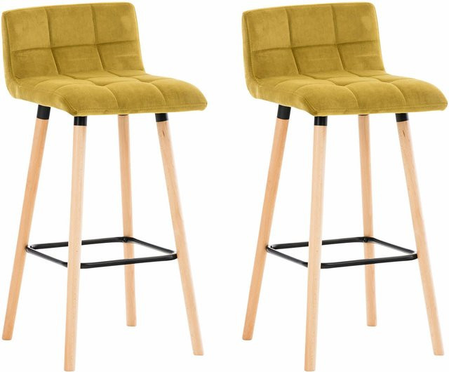 TPFLiving 2er Set Barhocker London in Gelb mit Samtbezug und Holzgestell in Natur - Bild 1