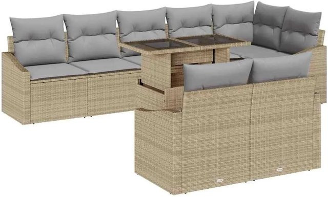 vidaXL Garten-Sofa-Set 9-teilig in Beige und Hellgrau mit Kissen, L-Form aus Poly-Rattan und pulverbeschichtetem Stahl - Bild 1