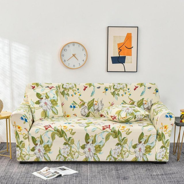 BC-Warm Home Stretch Sofabezug für Drei-Sitzer, Rutschfest und Elastisch, Beige mit Floral-Design, Breite: 235-300 cm - Bild 1