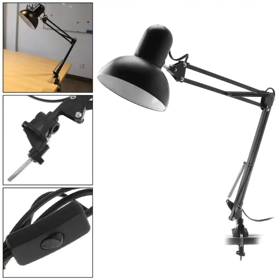 JOYINLED Schreibtischlampe in Schwarz mit flexibler Halterung und Kopfklemme, E27 Fassung, verstellbarer Schwenkarm aus Metall für Büro und Studium - Bild 2