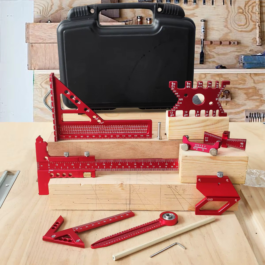 GDART Holzbearbeitungs-Set mit Box: 6–8 Stück Kombination aus Quadrat, Aluminium-Anreißlineal, Mittelsucher, Ziehkreisförmigem Lineal und Höhenmessgerät - Bild 2