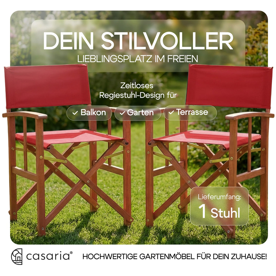 CASARIA Regiestuhl aus FSC-zertifiziertem Eukalyptusholz in Rot mit Armlehnen und UV-beständigem Polyester-Stoff - Bild 2