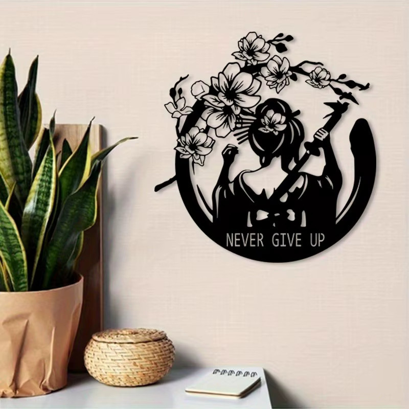 CIFBUY Vintage Metall-Wandkunst Geisha mit Sakura-Blüten und Never Give Up Zitat in Schwarz - Bild 5