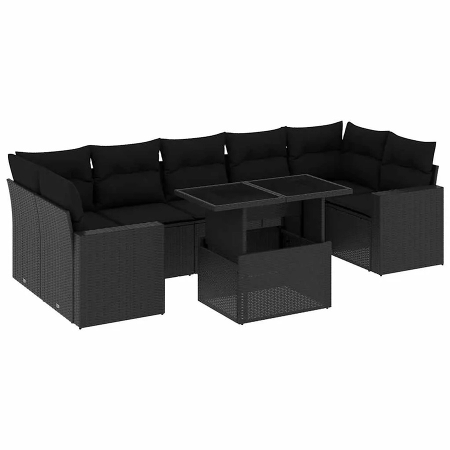 vidaXL 8-teilige Garten-Sofagarnitur in L-Form aus schwarzem Poly-Rattan mit Kissen und pulverbeschichtetem Stahlgestell - Bild 2