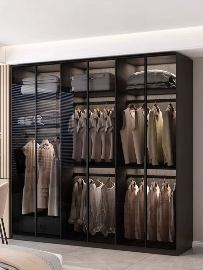 OMGD Kombinations-Kleiderschrank in Schwarz mit Glastüren, integrierter Beleuchtung und Kleiderstange, modern und glänzend, H x B x T: 200 x 60 x 60 cm - Bild 3