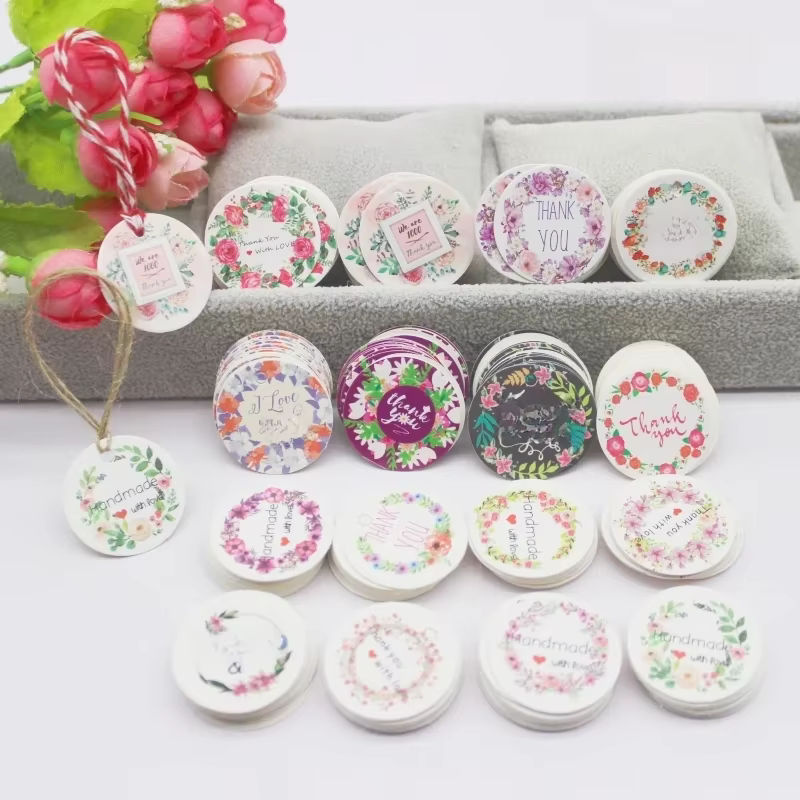100 runde Hochzeits-Geschenketiketten aus Papier mit Blumen-Motiv und Seilen in Weiß und Braun, Durchmesser: 3 cm - Bild 6