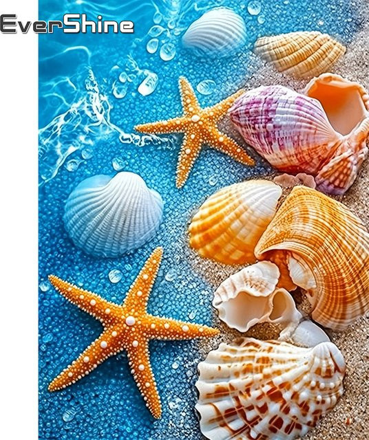 EverShine Diamant-Mosaik Stickerei Landschaft mit Seestern und Muschel als Wanddekoration B: 30,0 cm, H: 20,0 cm - Bild 1