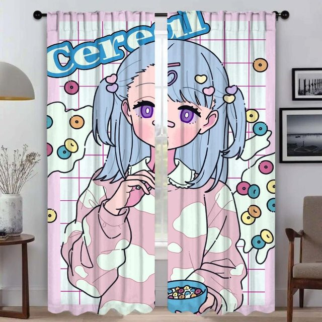 Anime Mädchen Vorhänge für Wohnzimmer und Küche, 2er-Set, Mehrfarbig, Breite: 50 cm, Höhe: 70 cm - Bild 1