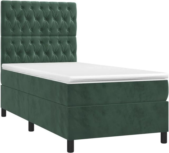 vidaXL Boxspringbett mit Matratze in Dunkelgrün aus Samt mit LED-Unterbettbeleuchtung und USB-Ladeanschluss, B/T/H: 90 x 190 x 128 cm - Bild 1
