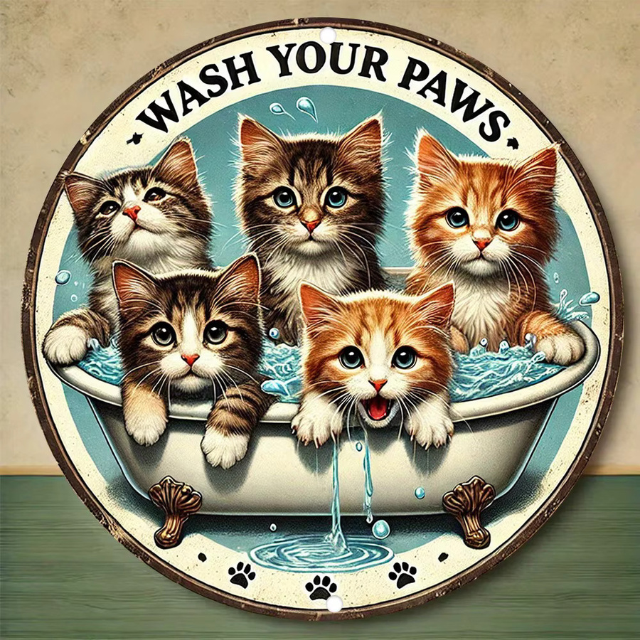 Potdemiel Vintage-Wandkunst aus Metall Wash Your Paws mit Kätzchen Illustration, Mehrfarbig, Durchmesser: 20,32 cm - Bild 2