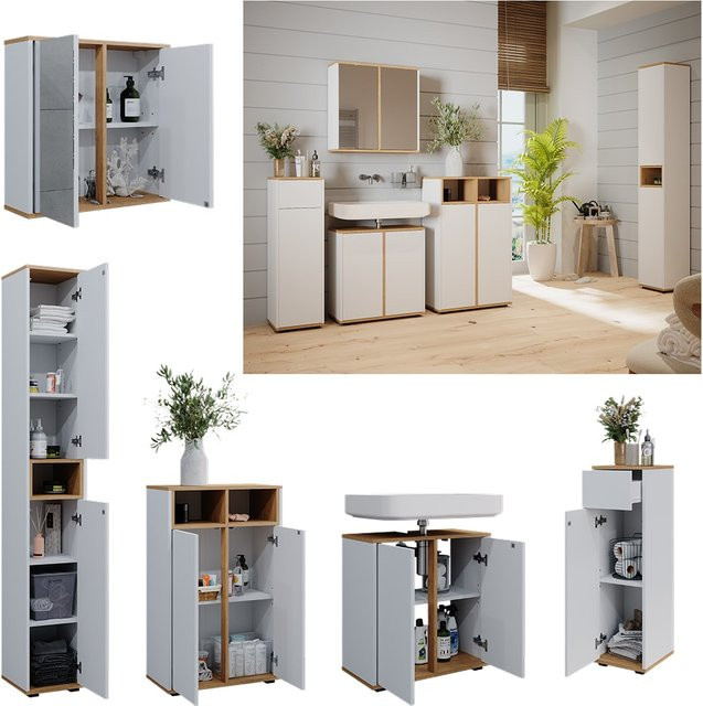 Vicco Badmöbel-Set Didi in Weiß und Eiche, 5-teiliges Badezimmer-Set - Bild 1