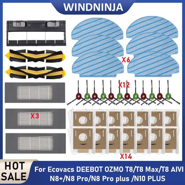 Ecovacs Ersatzteil-Set für Deebot OZMO T8, T8 Max, T8 AIVI, T9+, N8 Pro und N10 Plus in Multicolour bestehend aus Hauptbürste, Seitenbürste, Filter und Staubbeutel - Bild 1