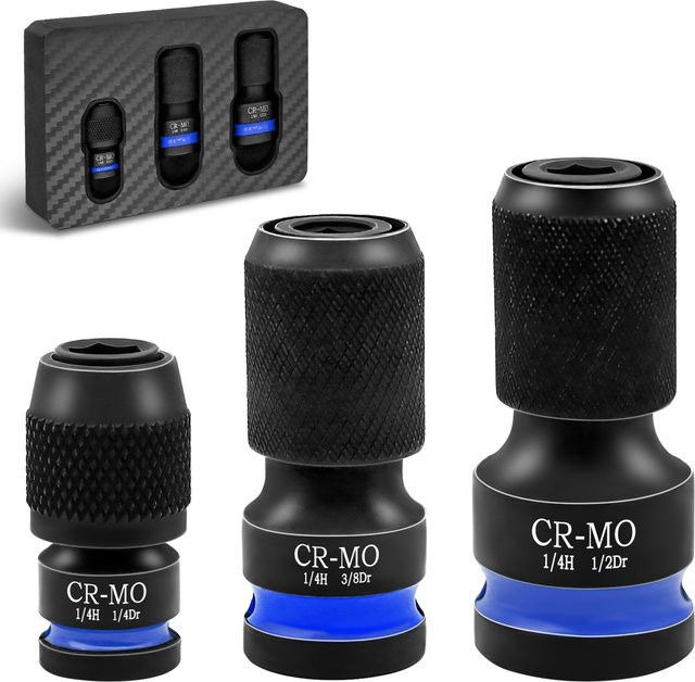 3er-Set Schlagsechskant-Konverter Set mit 1/2 Zoll, 3/8 Zoll und 1/4 Zoll Antriebsbuchse auf 1/4 Zoll Sechskant-Adapter für Schlagschrauber - Bild 1