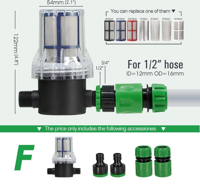 RBCFHI Gartenschlauchfilter mit 16mm Nippel-Schnellkupplung und 100-Mesh Maschensieb für die landwirtschaftliche Bewässerung, 3/4 Zoll, transparent - Bild 1