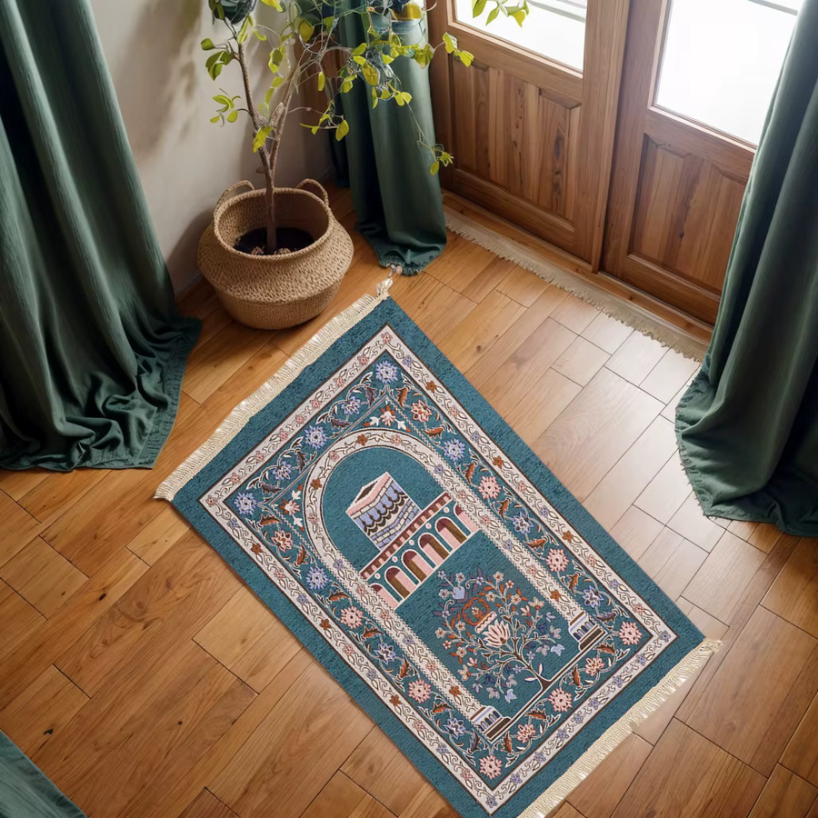 VIKAMA Gebetsteppich aus Chenille in Blau mit orientalischem Design, B/T/H: 110 x 70 x 1 cm, maschinenwaschbar - Bild 1