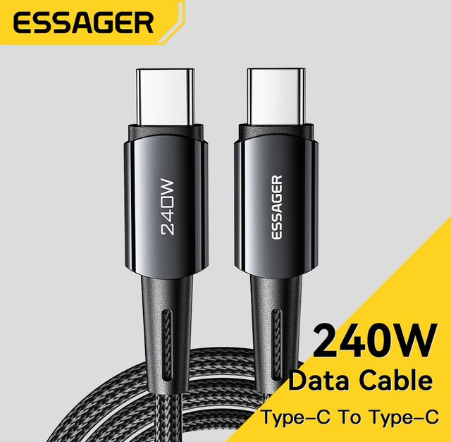 Essager USB-C Schnellladekabel mit 240 W Superschnellladung und 6 A für iPhone 15 Pro, Redmi K50, MacBook und Samsung in Schwarz oder Grau - Bild 1