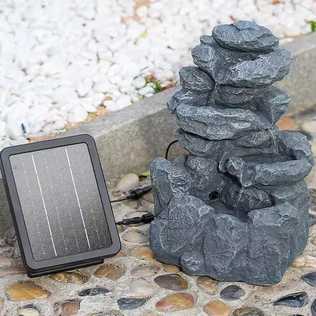 Solar-Tischbrunnen aus Kunstharz und Stein mit LED-Beleuchtung in Blau für die Dekoration im Innen- und Außenbereich - Bild 1