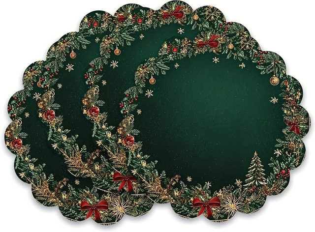VIKAMA 4-teiliges Weihnachts-Tischset mit Kiefernzweig und Glöckchen in Grün - Bild 1