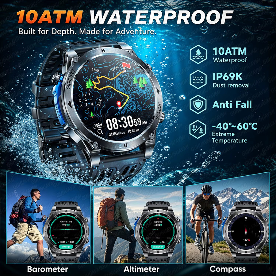 GUHUAVMI T-RX 4 Militär-GPS-Smartwatch für Herren in Schwarz mit 6 Satelliten, 10 ATM Wasserdichtigkeit, HD-Anruffunktion und 170+ Sportmodi - Bild 3