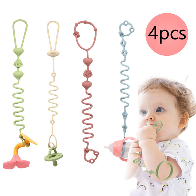 4er-Set verstellbare Silikon-Schnullerkette mit Beißring in Beige und Multicolour, BPA-frei - Bild 1