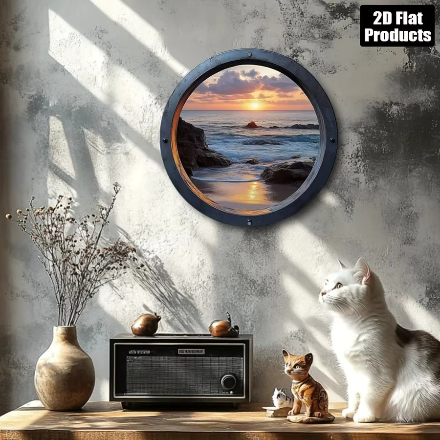 CIFBUY Vintage Metall-Wandkunst Rundes Retro Strand-Schild mit Sonnenuntergang, Durchmesser: 30 cm, Mehrfarbig - Bild 3