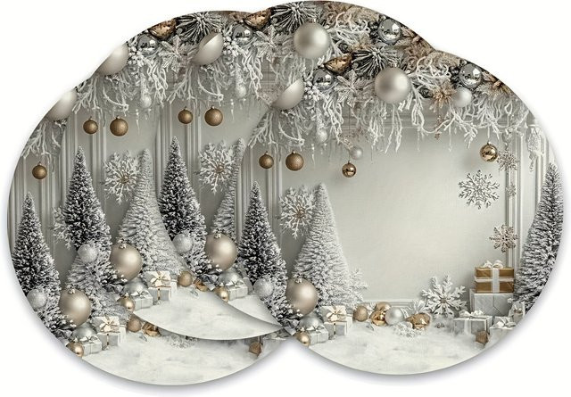 VIKAMA 4er Set Weihnachts Tischsets aus Leinen in Gold mit Schneeflocken und Kiefernzweigen, Durchmesser: 38 cm - Bild 1