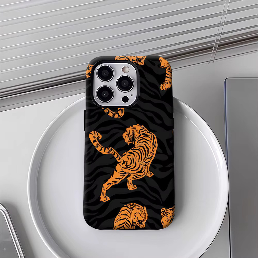 Potdemiel Handyhülle mit Orange-Tiger-Design in Orange und Schwarz, doppelschichtige Rückabdeckung kompatibel mit iPhone 18 17 16 15 14 13 12 Pro Max Plus - Bild 4