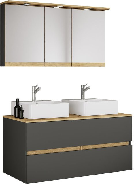 VCM Doppelwaschtisch Set Cosila 4-tlg. mit 2 Keramikbecken, Unterschrank mit Softclose-Schubladen und Spiegelschrank mit LED-Beleuchtung und Steckdose, B/H/T: 111 x 51 x 51 cm - Bild 1