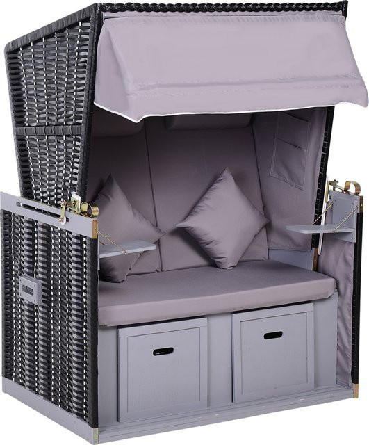 Outsunny Strandkorb Doppelte Sonnenliege als Volllieger mit Dach und Getränkehalter aus PE Rattan in Grau, B/T/H: 118 x 79 x 50 cm - Bild 1