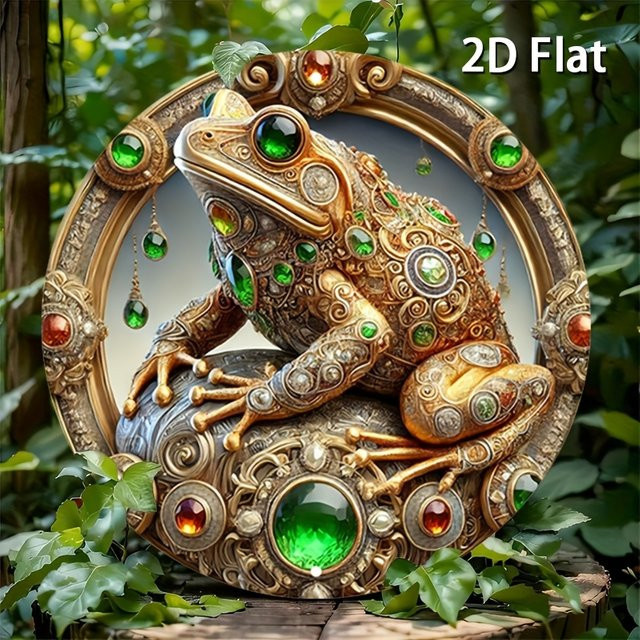 Potdemiel Rundes Aluminiumschild Gold mit Kröten-Motiv – Retro Metallwandkunst mit verziertem Rahmen, Durchmesser: 20 cm - Bild 1