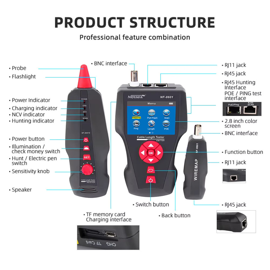 Noyafa NF-8601W Multifunktions Netzwerk Kabel Tester in Schwarz mit RJ45 RJ11 BNC POE PING und Übersprechen Test Funktion - Bild 4
