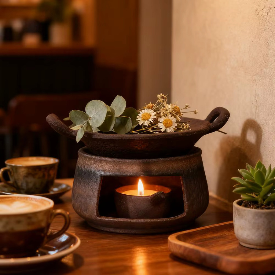 KITPIPI Keramik-Kräuterbrenner in Braun, runder Aromatherapie-Herd für Sandelholz, Tee und ätherische Öle mit Tealight-Halterung im orientalischen Design - Bild 6