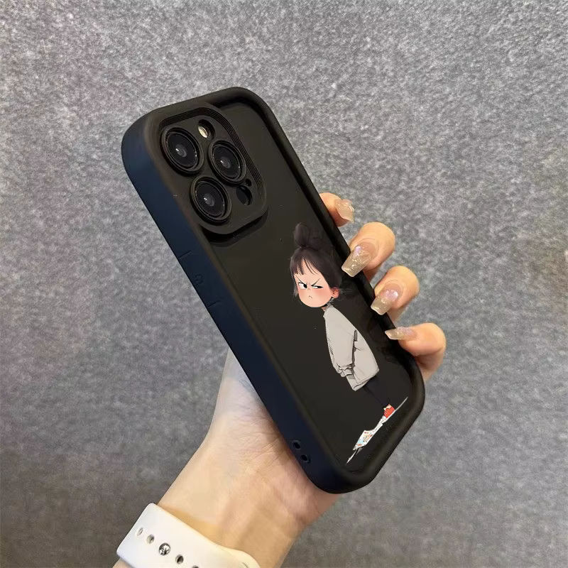 Minimalistische Handyhülle mit wütendem Mädchen-Aufdruck für iPhone 11 bis 16 Pro Max und weitere Modelle, Silikon-Softcover in Schwarz - Bild 2